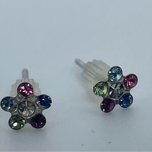 14K White Gold Multicolor Gemstone Flower Stud Earrings Petite